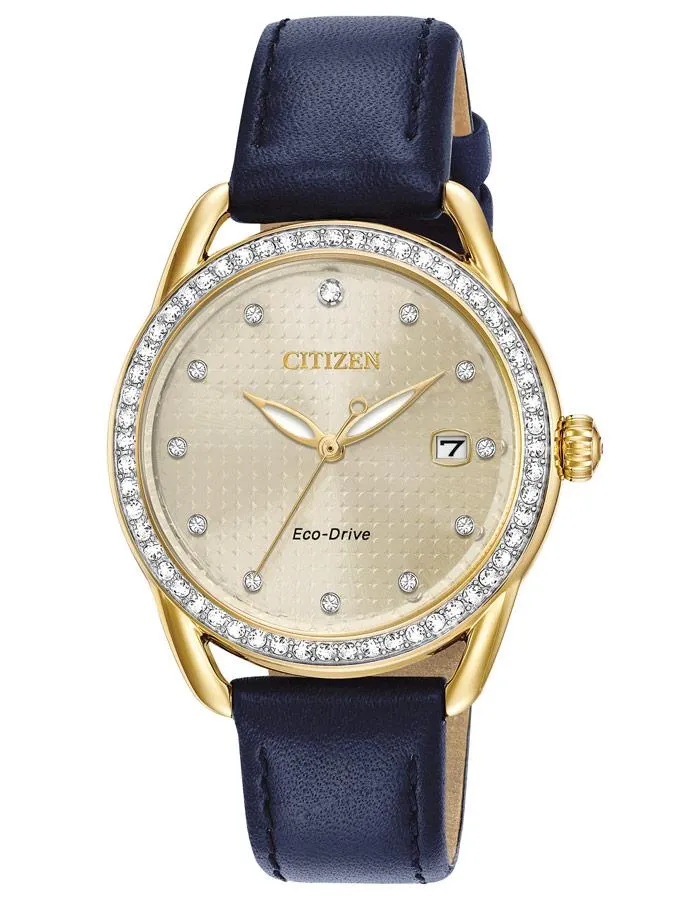 Citizen DRIVE LTR Womens Watch - Crystals - Gold-Tone - Blue Strap - Date