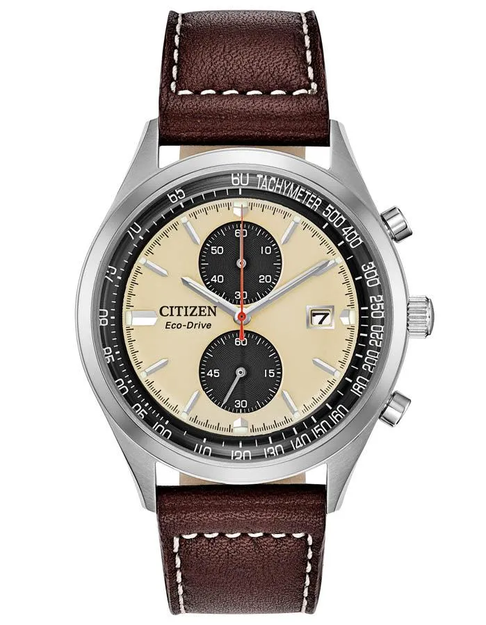 Citizen Eco-Drive Chandler - Chronograph - Stainless Steel - Beige Dial -Leather