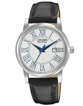 Citizen Eco-Drive Ladies Strap Watch - White/Silver Dial w/ Herringbone - Steel