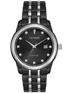 Citizen Eco-Drive Mens Diamond Watch - Black & Silver-Tone - Bracelet - 100m