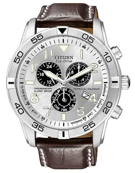 Citizen Eco-Drive Mens Perpetual Calendar Chrono - Silver-Tone Dial - Leather