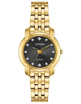 Citizen Ladies Eco-Drive Jolie Watch - Gold-Tone - Diamonds - Black Dial