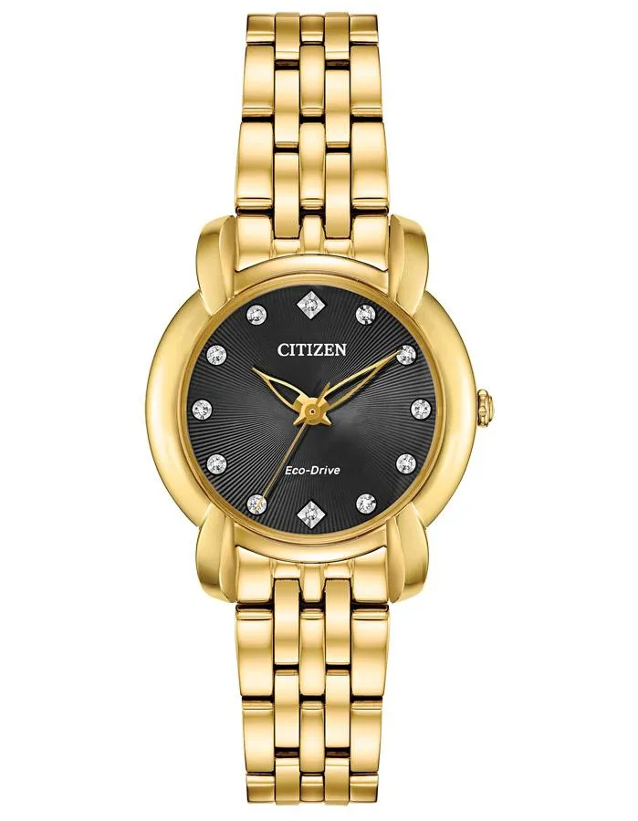 Citizen Ladies Eco-Drive Jolie Watch - Gold-Tone - Diamonds - Black Dial