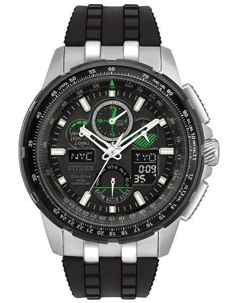 Citizen Mens Atomic Skyhawk A-T Chronograph - Black Dial - Strap - 200m