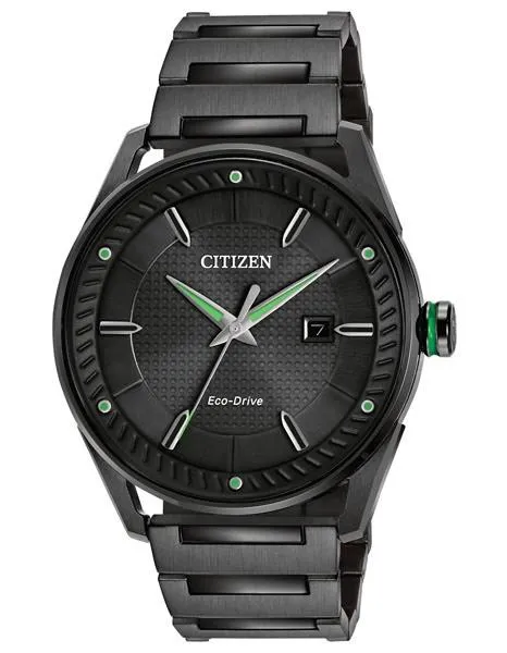 Citizen Mens DRIVE CTO - Black Case & Bracelet - Green Accents - Date - 100m