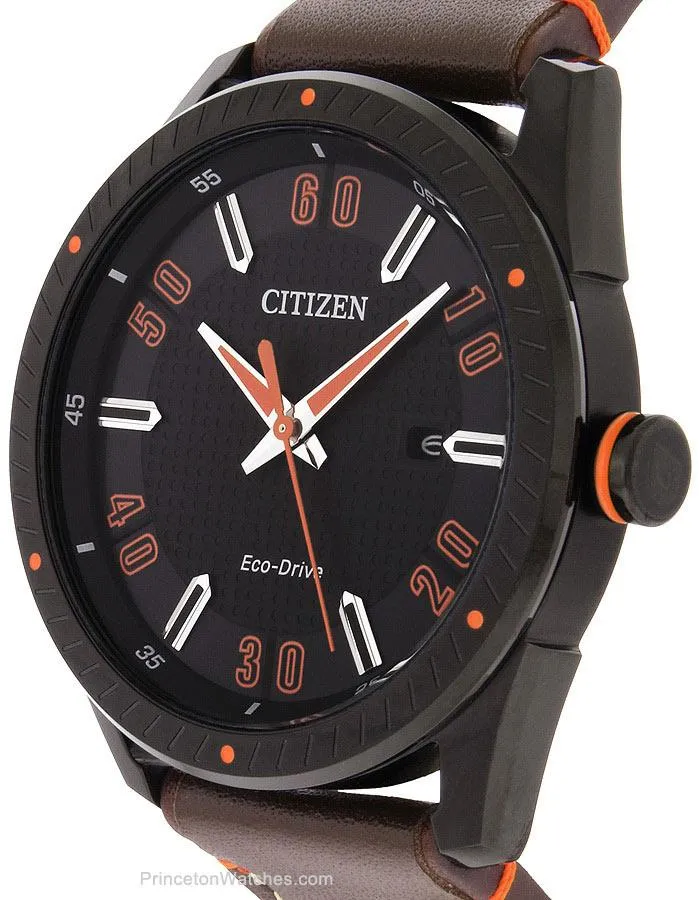 Citizen Mens DRIVE CTO - Black Case - Orange Accents - Brown Strap - Date