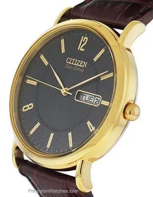 Citizen Mens Leather Strap Eco-Drive - Gold-Tone - Black Dial - Day/Date