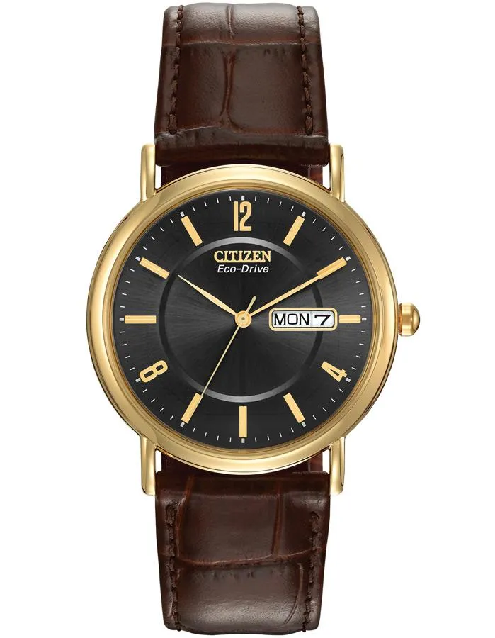 Citizen Mens Leather Strap Eco-Drive - Gold-Tone - Black Dial - Day/Date