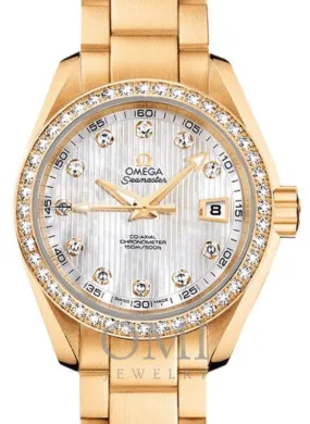 Copy of OMEGA SEAMASTER AQUA TERRA 150M CO-AXIAL CHRONOMETER 30MM YELLOW GOLD DIAMOND BEZEL WHITE MOTHER OF PEARL DIAL DIAMOND SET INDEX 231.55.30.20.55.002 WITH YELLOW GOLD BRACELET