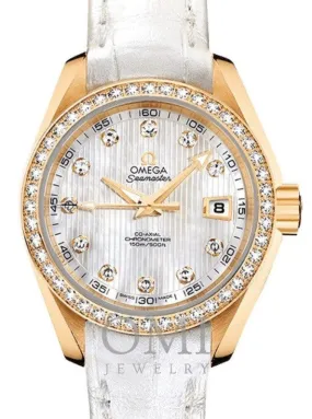 Copy of OMEGA SEAMASTER AQUA TERRA 150M CO-AXIAL CHRONOMETER 30MM YELLOW GOLD DIAMOND BEZEL WHITE MOTHER OF PEARL DIAL DIAMOND SET INDEX 231.58.30.20.55.002 WITH ALLIGATOR LEATHER STRAP