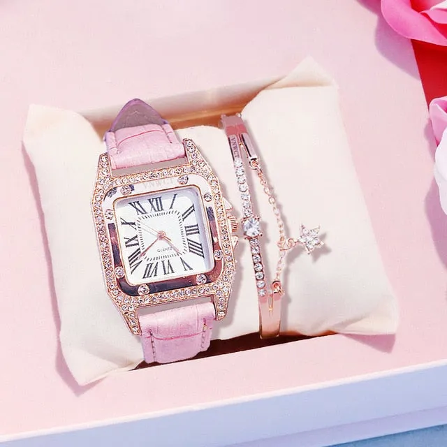 Diamond Starry Square Dial Bracelet Watch Set