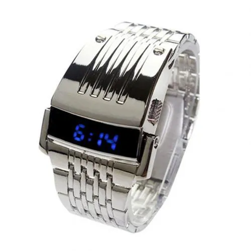 Fashion Blue Watches LED Display Wide Stainless Steel Band Men Digital Wrist Watch Gift Retro Simple Electronic Men&#39;s Watches