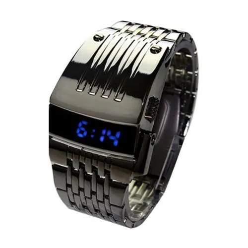 Fashion Blue Watches LED Display Wide Stainless Steel Band Men Digital Wrist Watch Gift Retro Simple Electronic Men&#39;s Watches