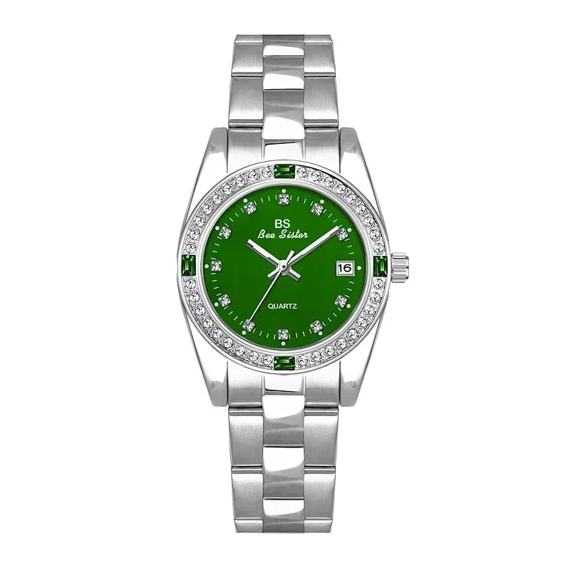 Luxury Green Rhinestone Waterproof Steel Strap Calendar Quartz Watches S149032