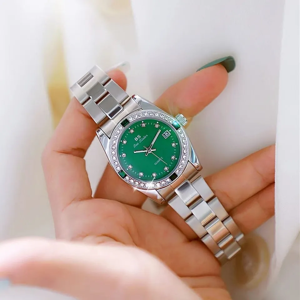 Luxury Green Rhinestone Waterproof Steel Strap Calendar Quartz Watches S149032