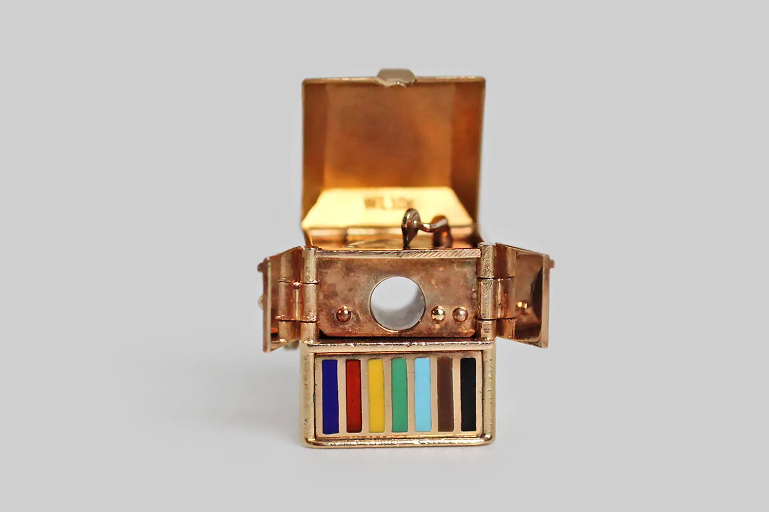 Mid 20th Century Mechanical Record Player Charm with Colorful Enamel in 14k Gold