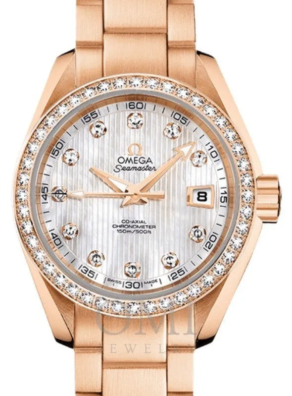 OMEGA SEAMASTER AQUA TERRA 150M CO-AXIAL CHRONOMETER 30MM RED GOLD DIAMOND BEZEL WHITE MOTHER OF PEARL DIAL DIAMOND SET INDEX 231.55.30.20.55.001 WITH RED GOLD BRACELET