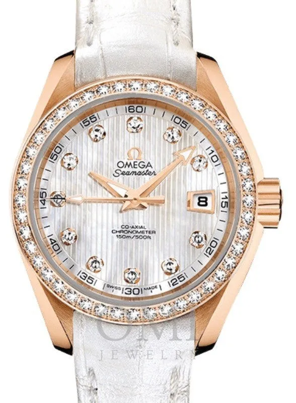 OMEGA SEAMASTER AQUA TERRA 150M CO-AXIAL CHRONOMETER 30MM RED GOLD DIAMOND BEZEL WHITE MOTHER OF PEARL DIAL DIAMOND SET INDEX 231.58.30.20.55.001 WITH ALLIGATOR LEATHER STRAP