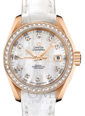 OMEGA SEAMASTER AQUA TERRA 150M CO-AXIAL CHRONOMETER 30MM RED GOLD DIAMOND BEZEL WHITE MOTHER OF PEARL DIAL DIAMOND SET INDEX 231.58.30.20.55.001 WITH ALLIGATOR LEATHER STRAP