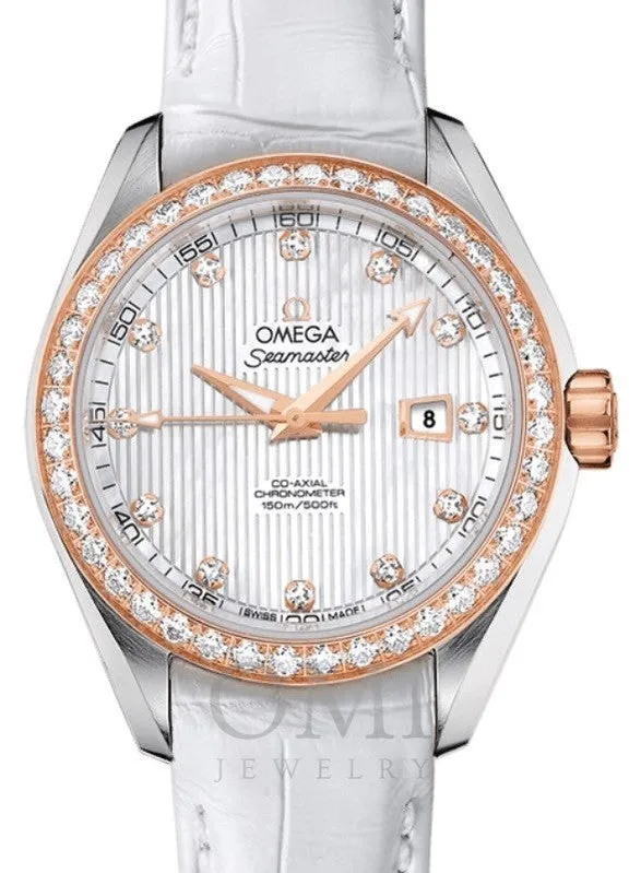 OMEGA SEAMASTER AQUA TERRA 150M CO-AXIAL CHRONOMETER 34MM STAINLESS STEEL RED GOLD DIAMOND BEZEL WHITE MOTHER OF PEARL DIAL DIAMOND SET INDEX ALLIGATOR 231.28.34.20.55.002 WITH LEATHER STRAP