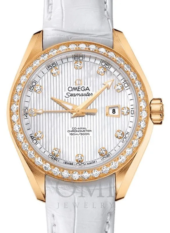 OMEGA SEAMASTER AQUA TERRA 150M CO-AXIAL CHRONOMETER 34MM YELLOW GOLD DIAMOND BEZEL WHITE MOTHER OF PEARL DIAL DIAMOND SET INDEX 231.58.34.20.55.001 WITH ALLIGATOR LEATHER STRAP