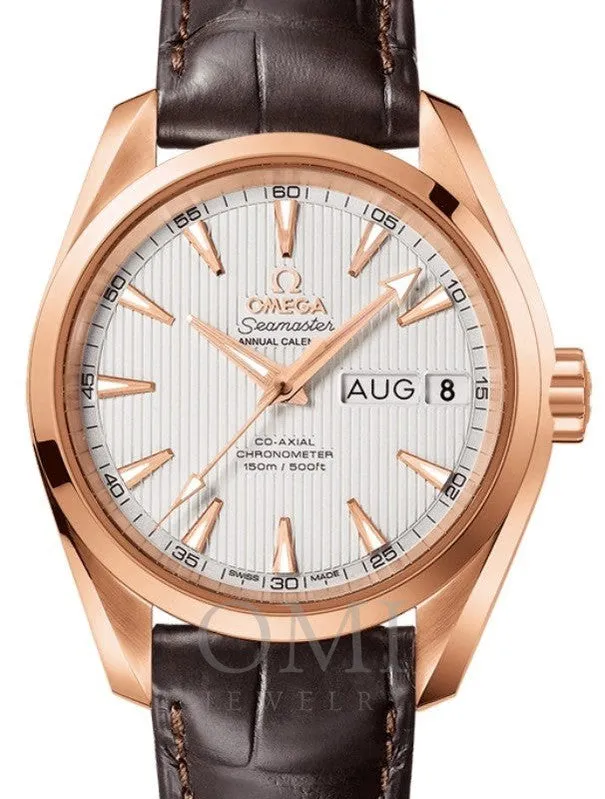 OMEGA SEAMASTER AQUA TERRA 150M CO-AXIAL CHRONOMETER ANNUAL CALENDAR 38.5MM RED GOLD SILVER DIAL ALLIGATOR 231.53.39.22.02.001 WITH ALLIGATOR LEATHER STRAP