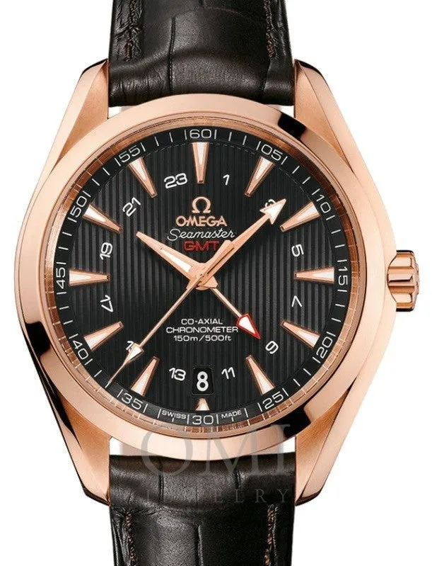 OMEGA SEAMASTER AQUA TERRA 150M CO-AXIAL CHRONOMETER GMT 43MM RED GOLD GREY DIAL 231.53.43.22.06.002 WITH ALLIGATOR LEATHER STRAP