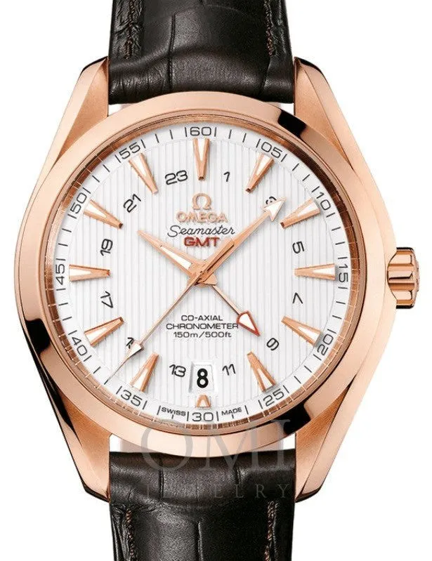 OMEGA SEAMASTER AQUA TERRA 150M CO-AXIAL CHRONOMETER GMT 43MM RED GOLD SILVER DIAL 231.53.43.22.02.001 WITH ALLIGATOR LEATHER STRAP