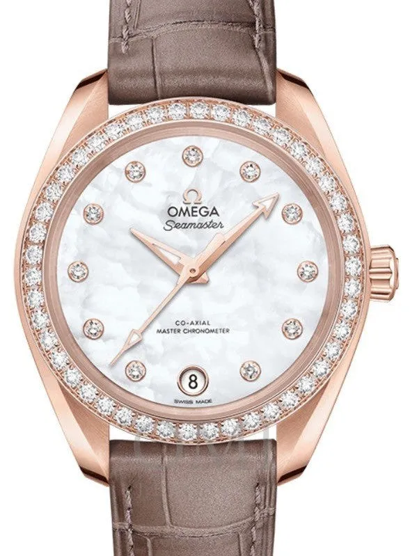 OMEGA SEAMASTER AQUA TERRA 150M CO-AXIAL MASTER CHRONOMETER 34MM SEDNA GOLD DIAMOND BEZEL WHITE MOTHER OF PEARL DIAL DIAMOND SET INDEX 220.58.34.20.55.001 WITH ALLIGATOR LEATHER STRAP