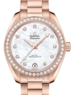 OMEGA SEAMASTER AQUA TERRA 150M CO-AXIAL MASTER CHRONOMETER 34MM SEDNA GOLD DIAMOND BEZEL WHITE MOTHER-OF-PEARL DIAL DIMOND SET INDEX 220.55.34.20.55.001 WITH SEDNA GOLD BRACELET