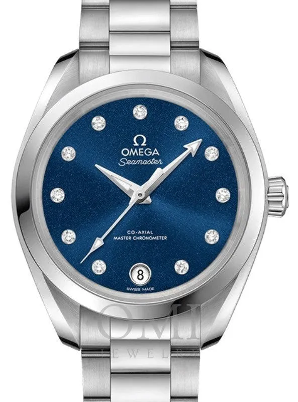 OMEGA SEAMASTER AQUA TERRA 150M CO-AXIAL MASTER CHRONOMETER 34MM STAINLESS STEEL BLUE DIAL DIAMOND SET INDEX 220.10.34.20.53.001 WITH STEEL BRACELET