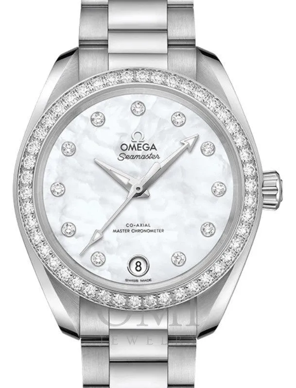 OMEGA SEAMASTER AQUA TERRA 150M CO-AXIAL MASTER CHRONOMETER 34MM STAINLESS STEEL DIAMOND BEZEL WHITE DIAL DIMOND SET INDEX 220.15.34.20.55.001 WITH STEEL BRACELET