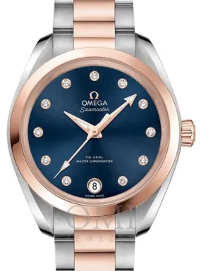 OMEGA SEAMASTER AQUA TERRA 150M CO-AXIAL MASTER CHRONOMETER 34MM STAINLESS STEEL SEDNA GOLD BLUE DIAL DIAMOND SET INDEX 220.20.34.20.53.001 WITH STEEL AND ROSE GOLD BRACELET