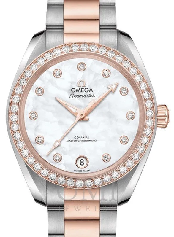 OMEGA SEAMASTER AQUA TERRA 150M CO-AXIAL MASTER CHRONOMETER 34MM STAINLESS STEEL SEDNA GOLD DIAMOND BEZEL WHITE MOTHER OF PEARL DIAL DIAMOND SET INDEX 220.25.34.20.55.001 WITH STEEL AND ROSE GOLD BRACELET