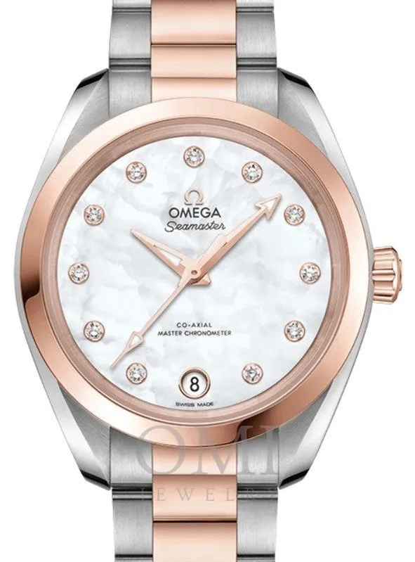 OMEGA SEAMASTER AQUA TERRA 150M CO-AXIAL MASTER CHRONOMETER 34MM STAINLESS STEEL SEDNA GOLD WHITE MOTHER OF PEARL DIAL DIAMOND SET INDEX 220.20.34.20.55.001 WITH STEEL AND ROSE GOLD BRACELET