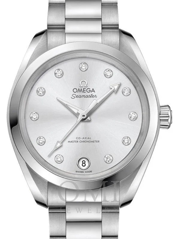 OMEGA SEAMASTER AQUA TERRA 150M CO-AXIAL MASTER CHRONOMETER 34MM STAINLESS STEEL SILVER DIAL DIAMOND SET INDEX 220.10.34.20.60.001 WITH STEEL BRACELET