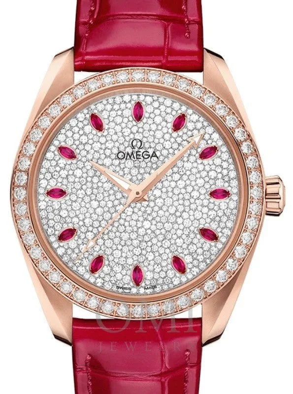 OMEGA SEAMASTER AQUA TERRA 150M CO-AXIAL MASTER CHRONOMETER LADIES 38MM SEDNA GOLD DIAMOND BEZEL DIAMOND PAVE SAPPHIRE INDEX DIAL 220.58.38.20.99.002 WITH ALLIGATOR LEATHER STRAP