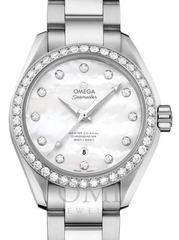 OMEGA SEAMASTER AQUA TERRA 150M MASTER CO-AXIAL CHRONOMETER 34MM STAINLESS STEEL DIAMOND BEZEL WHITE MOTHER OF PEARL DIAL DIAMOND INDEX 231.15.34.20.55.002 WITH STEEL BRACELET