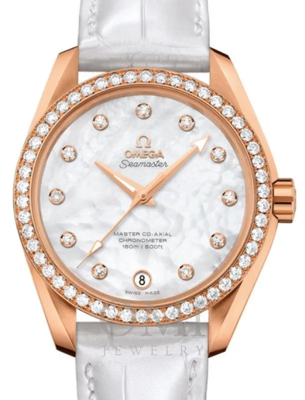 OMEGA SEAMASTER AQUA TERRA 150M MASTER CO-AXIAL CHRONOMETER LADIES 38.5MM RED GOLD DIAMOND BEZEL WHITE MOTHER OF PEARL DIAL DIAMOND SET INDEX 231.58.39.21.55.001 ALLIGATOR LEATHER STRAP.