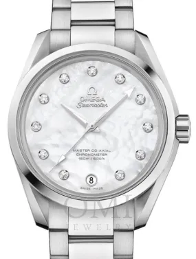 OMEGA SEAMASTER AQUA TERRA 150M MASTER CO-AXIAL CHRONOMETER LADIES 38.5MM STAINLESS STEEL WHITE MOTHER OF PEARL DIAL DIAMOND INDEX 231.10.39.21.55.002 WITH STEEL BRACELET