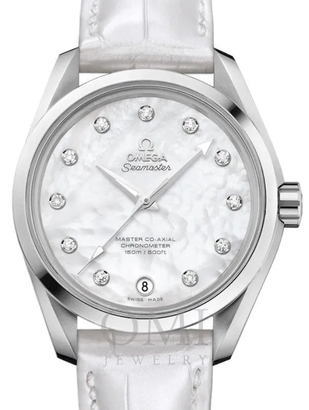 OMEGA SEAMASTER AQUA TERRA 150M MASTER CO-AXIAL CHRONOMETER LADIES 38.5MM STAINLESS STEEL WHITE MOTHER OF PEARL DIAL DIAMOND INDEX 231.13.39.21.55.002 WITH ALLIGATOR LEATHER STRAP