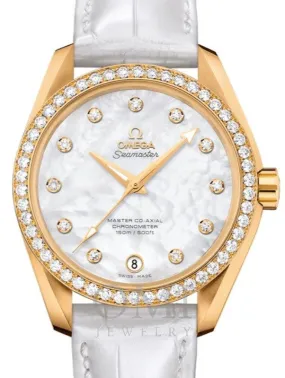 OMEGA SEAMASTER AQUA TERRA 150M MASTER CO-AXIAL CHRONOMETER LADIES 38.5MM YELLOW GOLD DIAMOND BEZEL WHITE MOTHER OF PEARL DIAL DIAMOND SET INDEX 231.58.39.21.55.002 WITH ALLIGATOR LEATHER STRAP