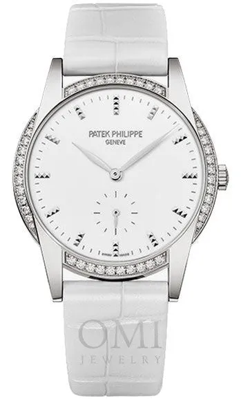 Patek Philippe 7122-200G-001 Ladies Calatrava 33mm White Hobnail Index Diamond Bezel White Gold And Leather Strap