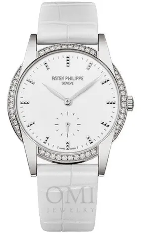 Patek Philippe 7122-200G-001 Ladies Calatrava 33mm White Hobnail Index Diamond Bezel White Gold And Leather Strap