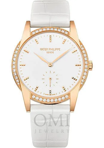 Patek Philippe 7122-200R-001 Ladies Calatrava 33mm White Hobnail Index Diamond Bezel Rose Gold And Leather Band