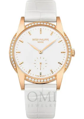 Patek Philippe 7122-200R-001 Ladies Calatrava 33mm White Hobnail Index Diamond Bezel Rose Gold And Leather Band