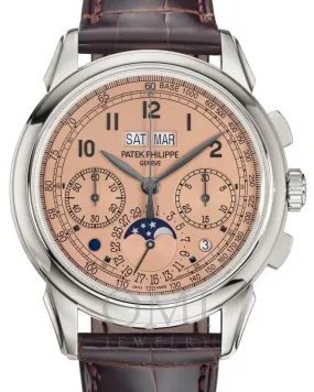 PATEK PHILIPPE GRAND COMPLICATIONS CHRONOGRAPH PERPETUAL CALENDAR PLATINUM SALMON GOLDEN OPALINE DIAL 5270P-001 WITH LEATHER STRAP