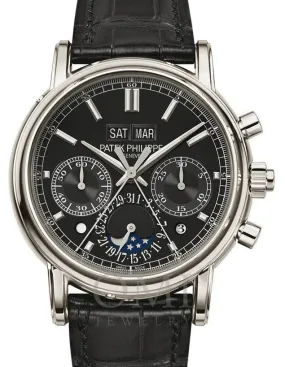 PATEK PHILIPPE GRAND COMPLICATIONS SPLIT-SECONDS CHRONOGRAPH PERPETUAL CALENDAR PLATINUM BLACK DIAL 5204P-011 WITH LEATHER STRAP