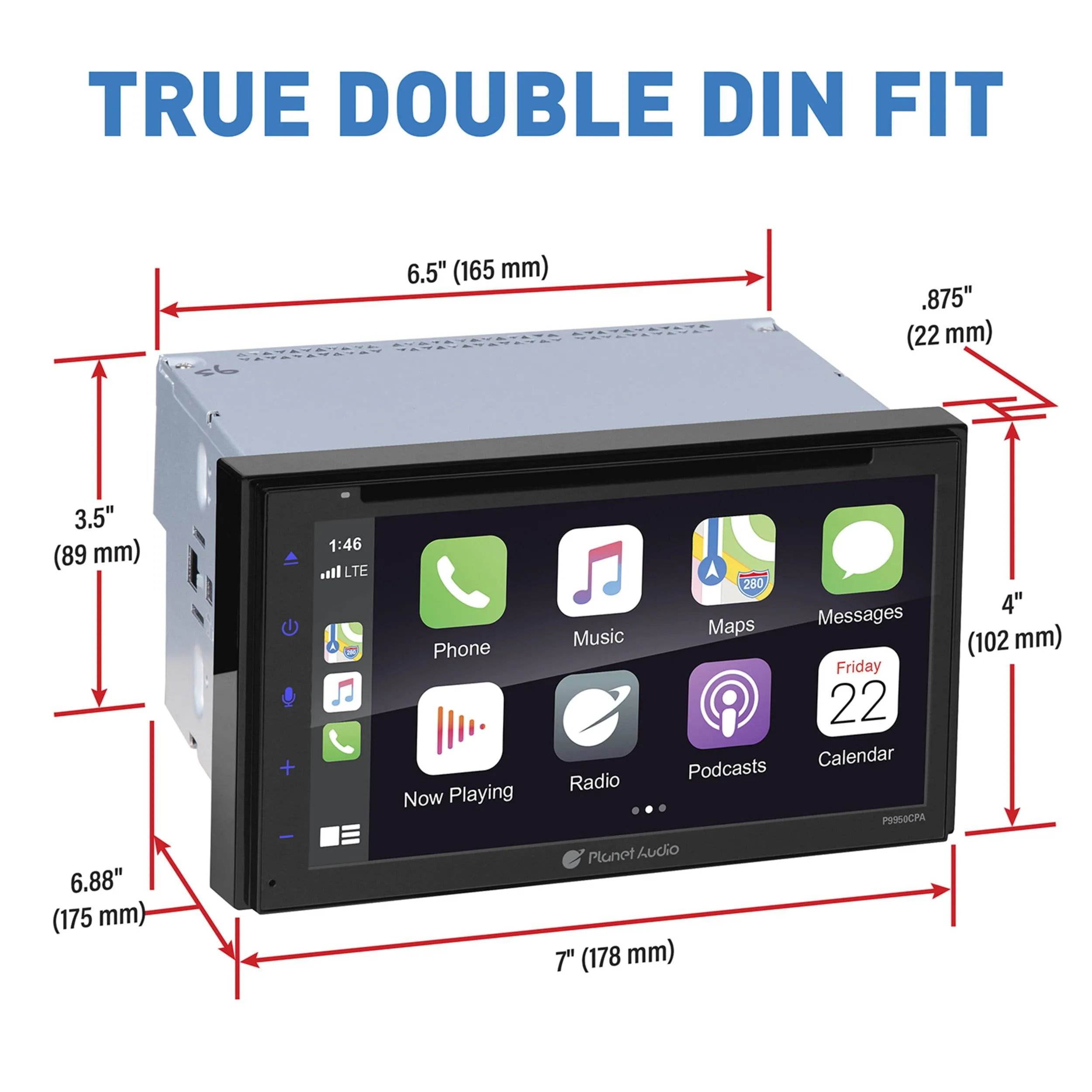 Planet Audio P9950CPA Double-Din Apple Carplay Android Auto DVD Player 6.75" Touchscreen