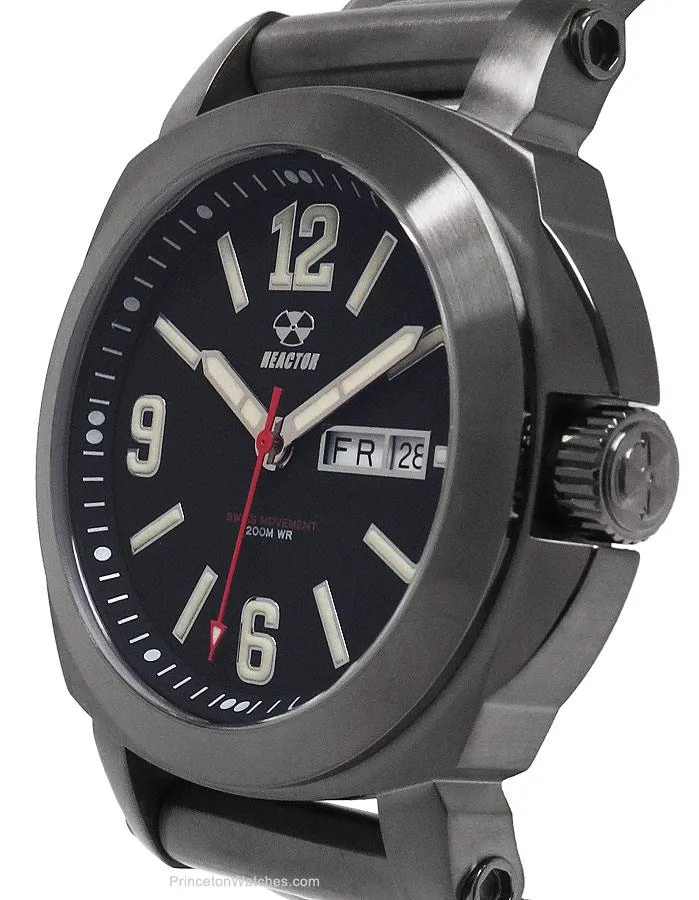 Reactor Fermi Mens Day/Date Watch - Matte Black Dial - Gumetal Steel